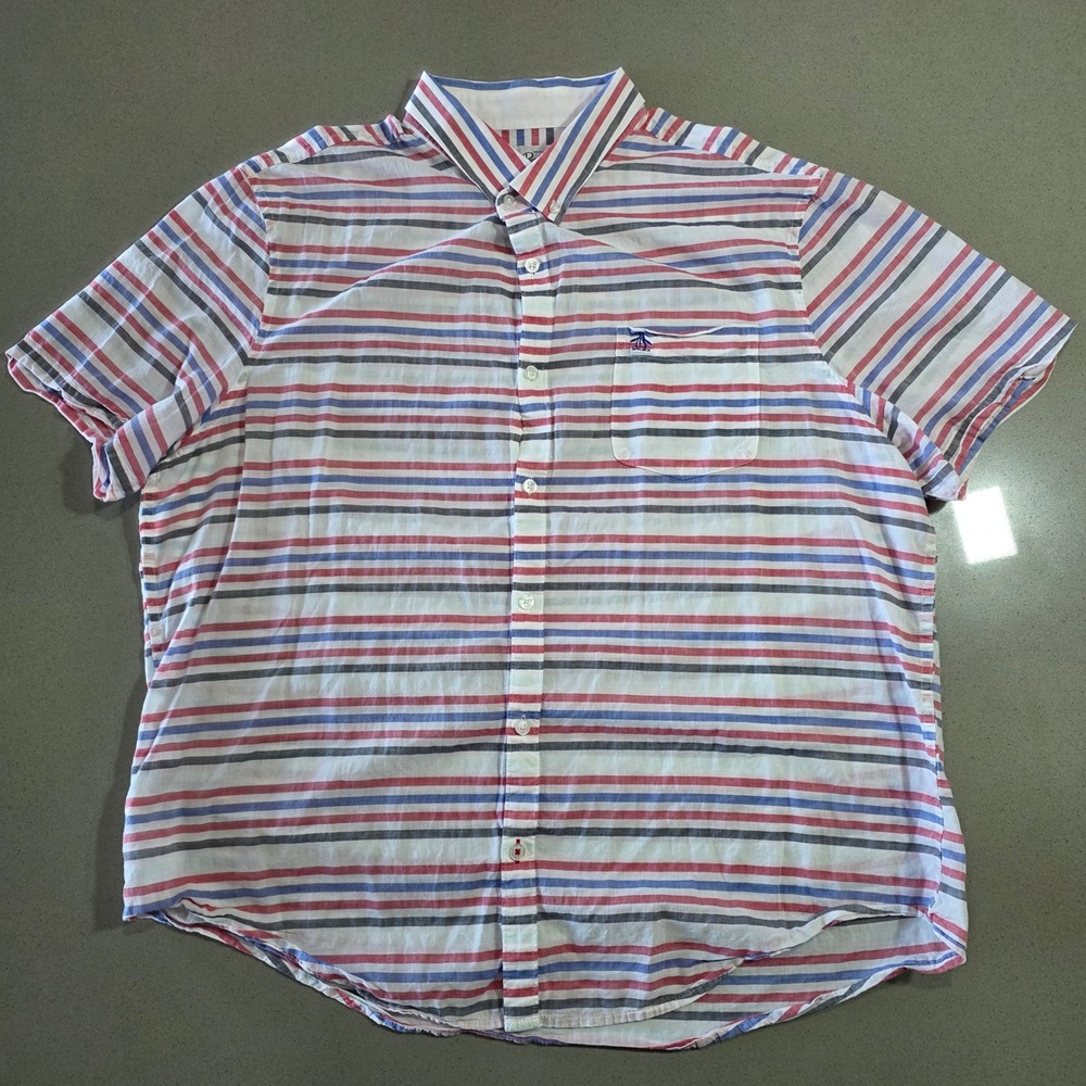 Original Penguin Mens XXL Striped Short Sleeve Button Down Shirt Red Blue White